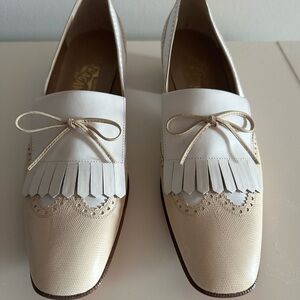 Salvatore Ferragamo Cream and White Fringe Loafers
